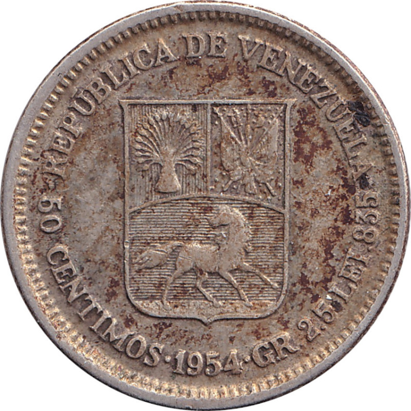 Venezuela - 50 centimos - Simon Bolivar - Blason simple - Type 1 - 1954 - No1546